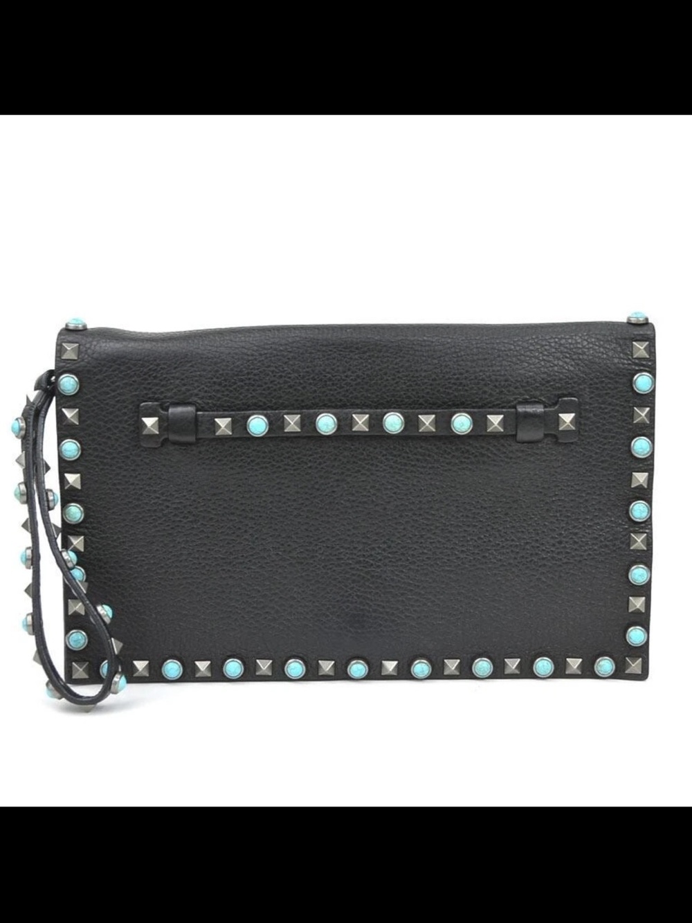 Valentino Garavani Black Leather Wristlet Clutch with Turquoise Accents